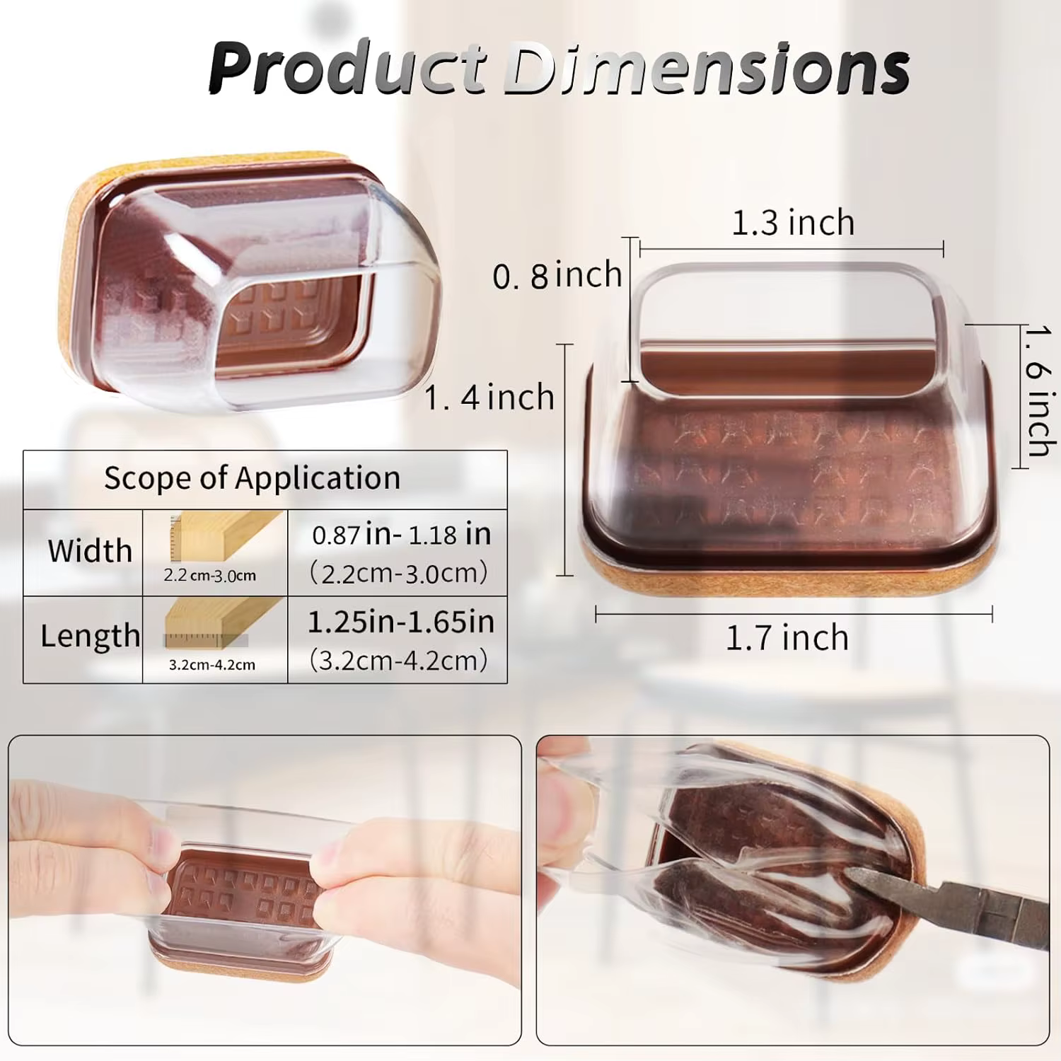 8PCS Silicone Chair Leg Floor Caps Protectors Rectangle with Felt Foot Cover End Caps Covers width 22-32mm for hardwood Table